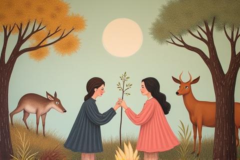 Murales ispirato a favola classica con figure stilizzate e colori pastello