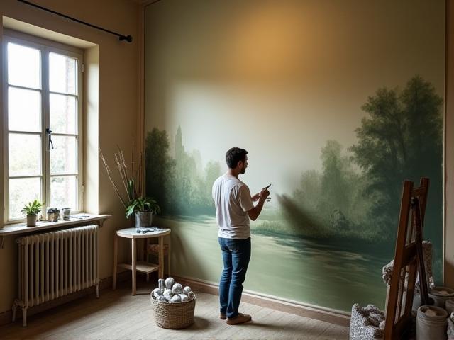 Artista al lavoro su grande murale in interno domestico
