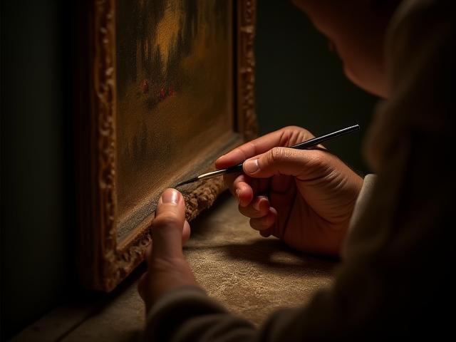 Restauro dettagliato di antico quadro con strumenti professionali
